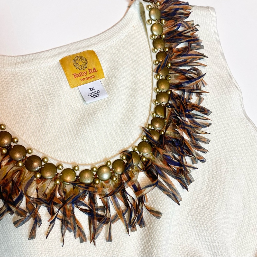 ESTATE ✝️ SIZE 2X NWT RUBY RD FEATHER BRASS STUD RIBBON COLLAR RIBBED ECRU TANK